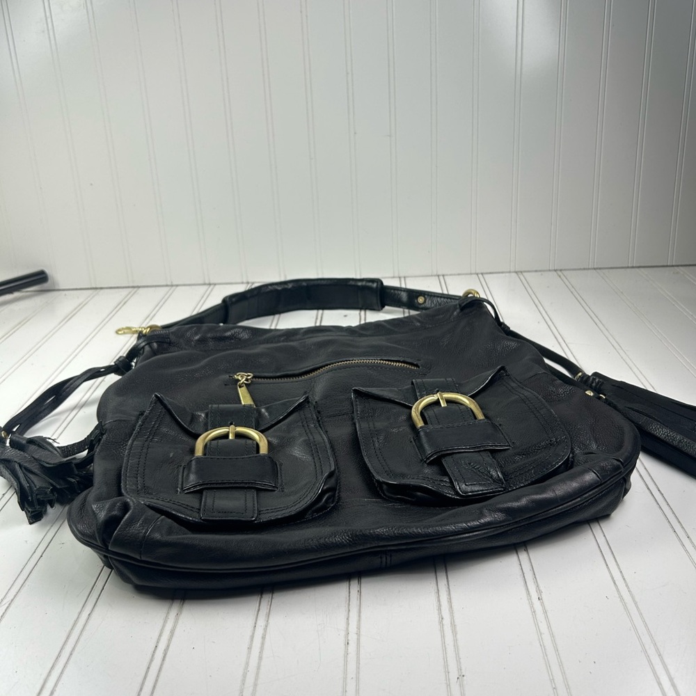 Allison Scott Y2K Black Leather Hobo Shoulder Bag Multi Pocket Gold Hardware - Picture 9 of 12